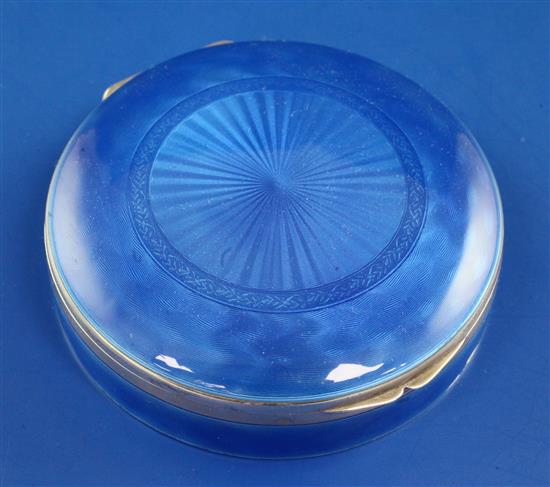 A late 19th/early 20th century Swiss? 935 standard silver and blue guilloche enamel circular box with hinged cover, 6.5 oz.